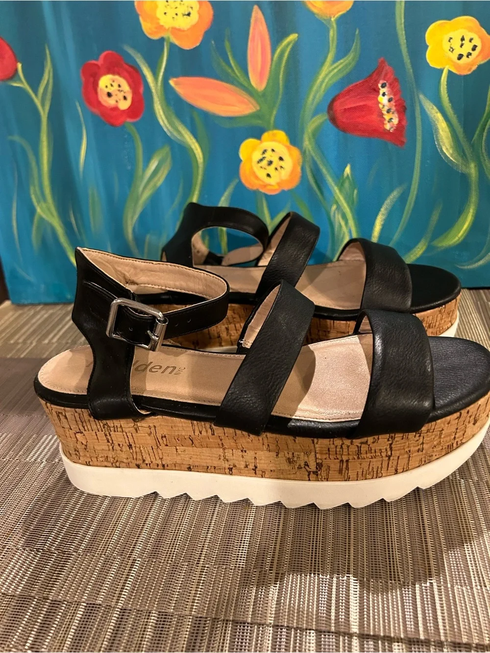 Black Cork Platform Sandals with White Sole and Ankle Strap